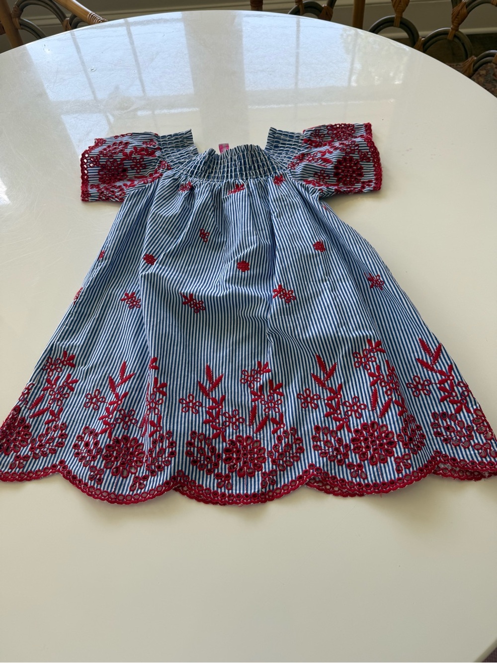 Striped Blue & Red Embroidered Off-Shoulder Kids Dress